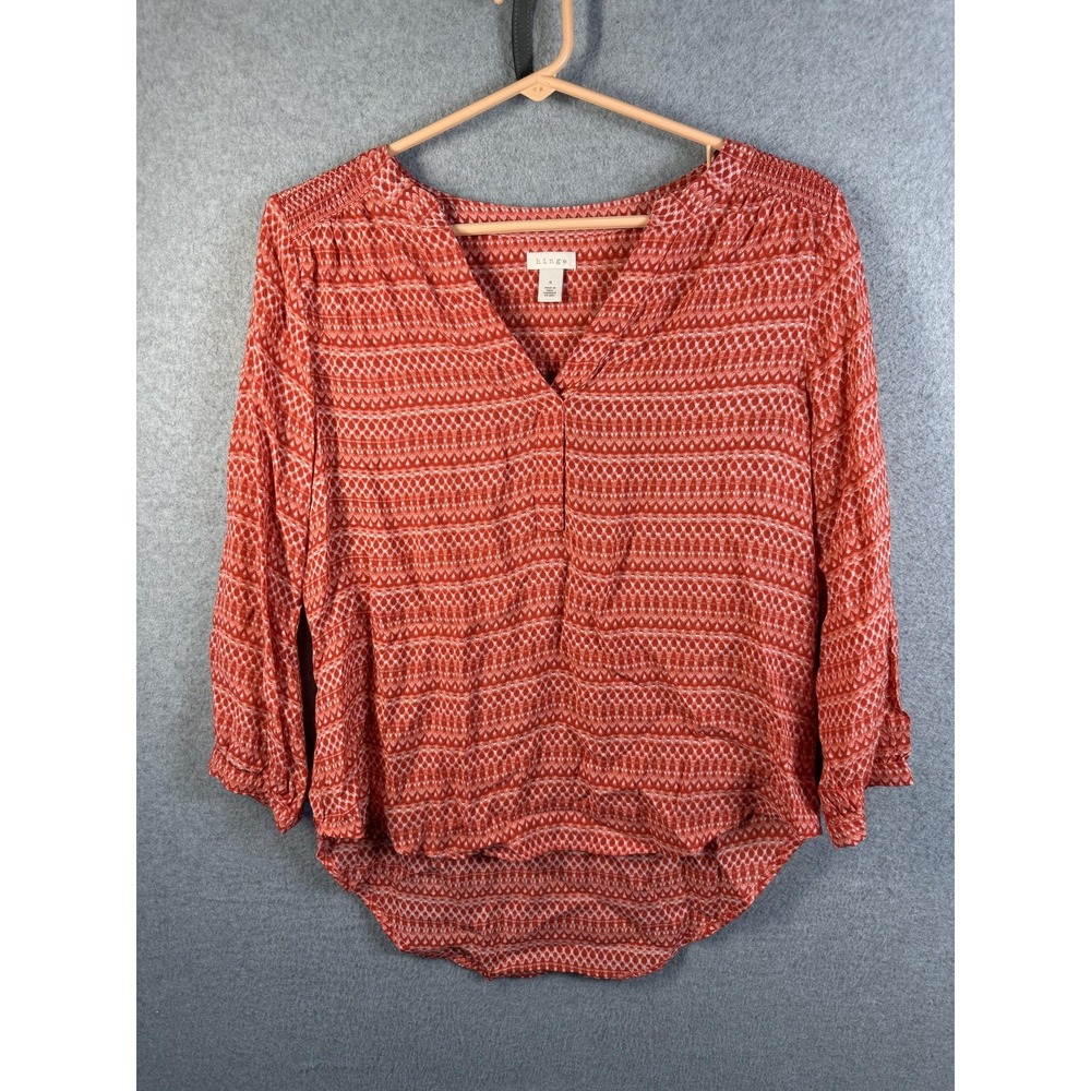 Hinge Tunic Blouse Womens Small Orange Geometric 3/4 Sleeve V Neck Top Boho